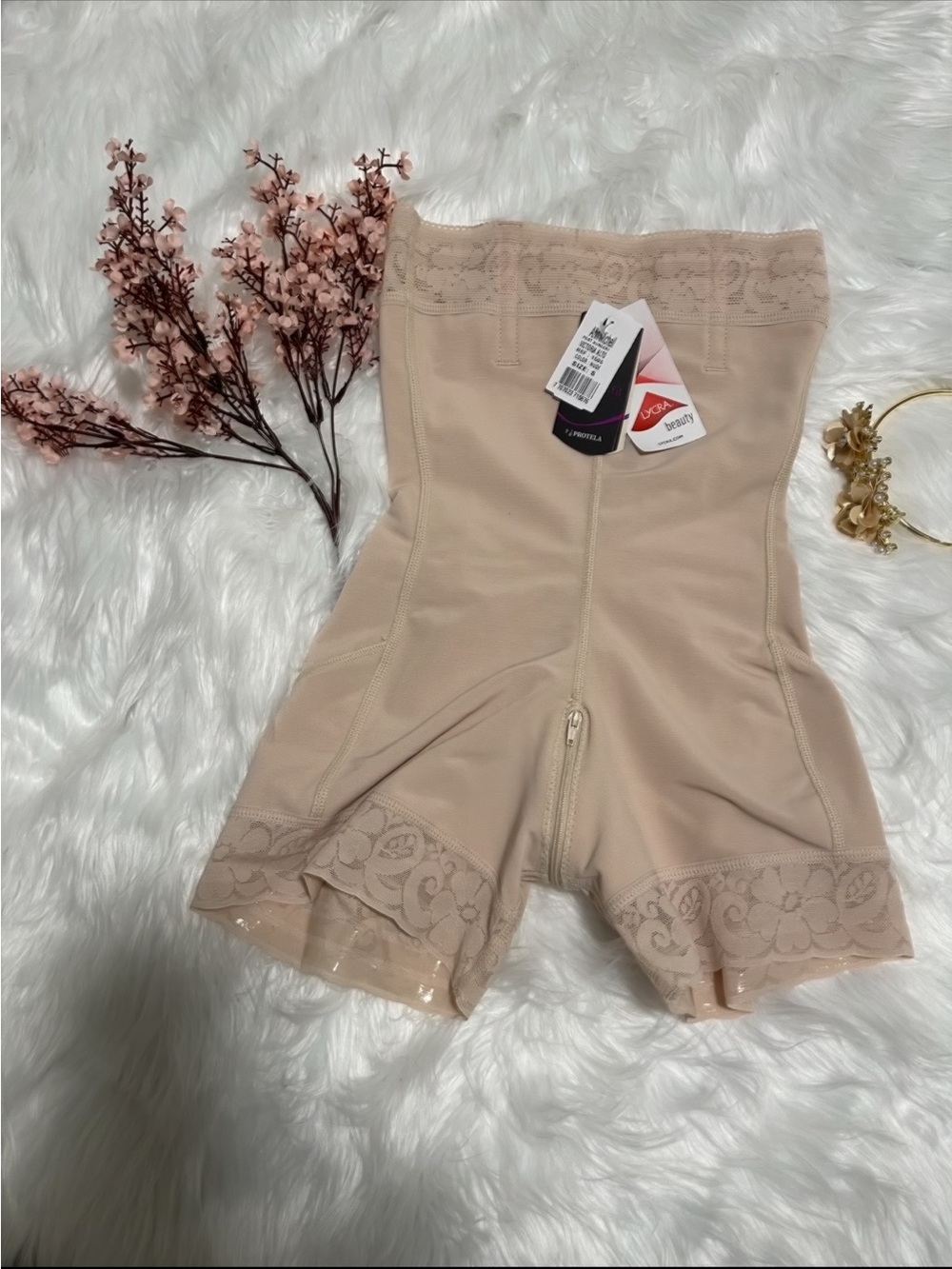 Beige High-Waist Colombian Lace Trim Shaping Shorts